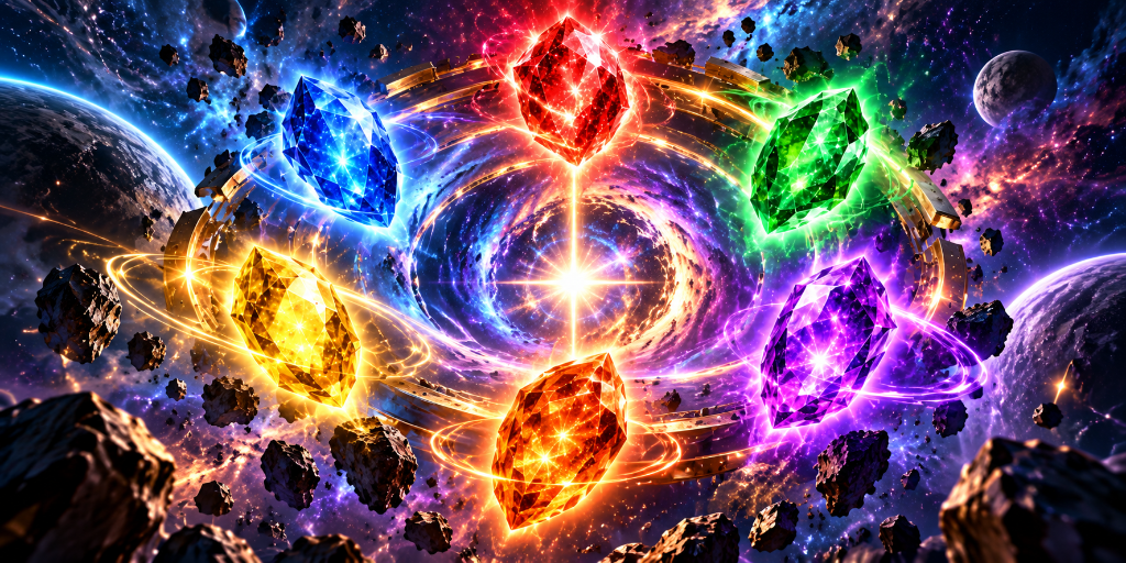 The six Infinity Stones ringed around a cosmic energy vortex